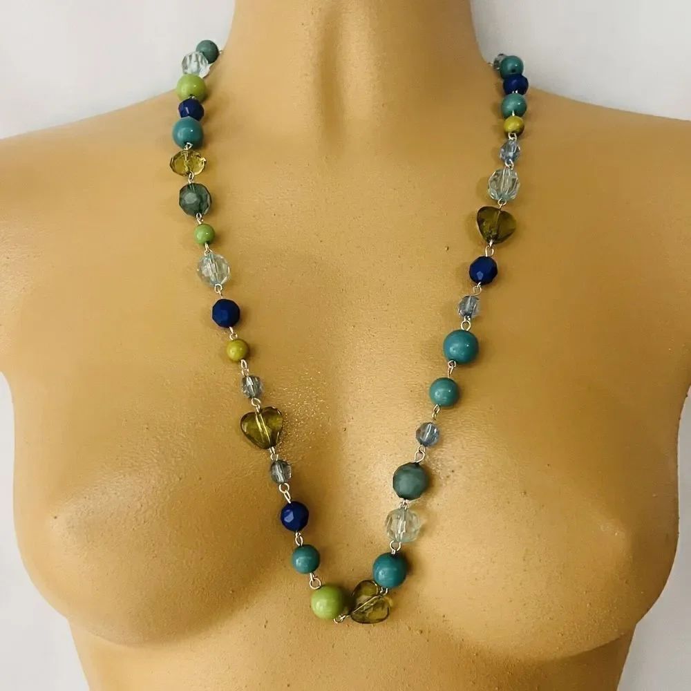 Vintage Necklace Blue Green Shades Beads Silver Tone Glass Heart Accents